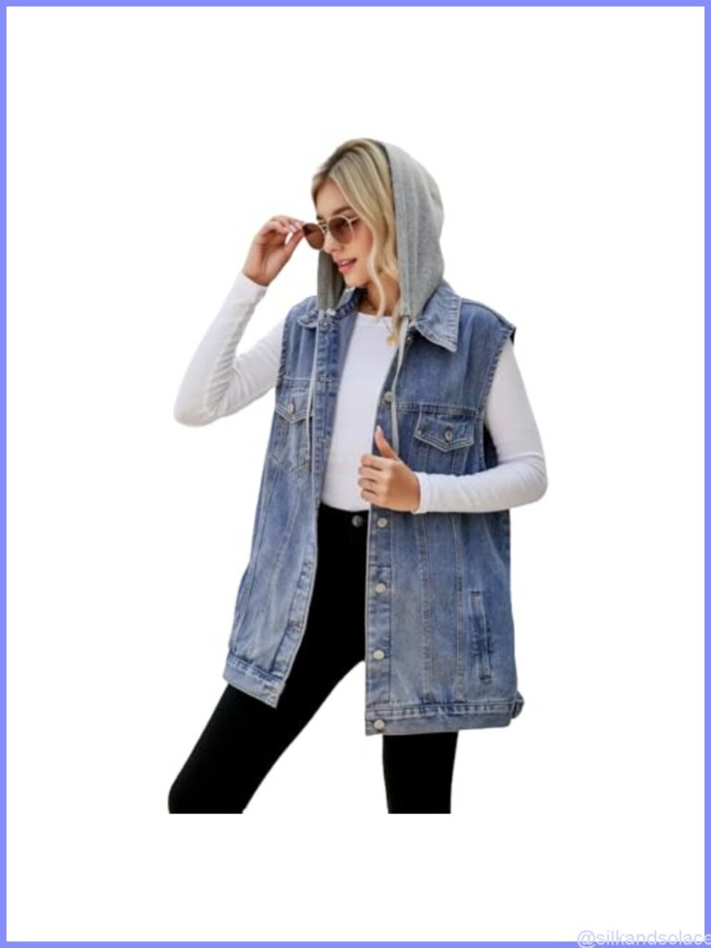 Women's Oversized Denim Vest with Detachable Hood, Sleeveless